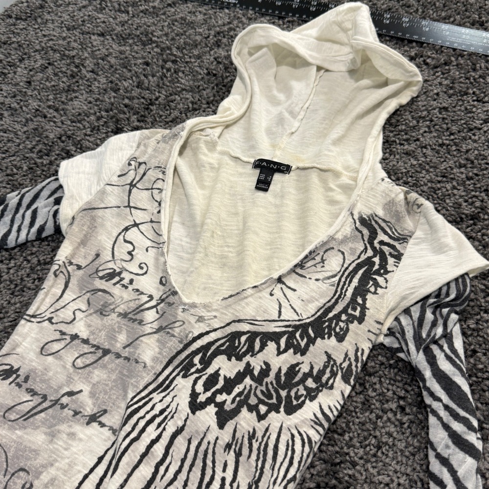 Y2K Fang Graphic Hoodie Womens White Fair Zebra Print Layered Wing Script Small